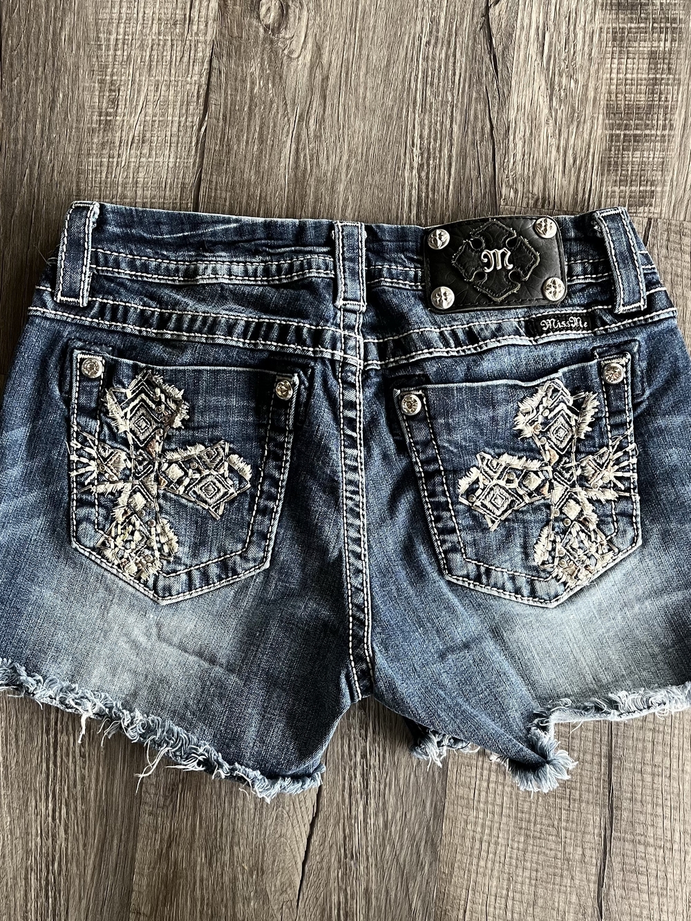 Miss Me Mid Rise Cross Pocket Denim Shorts Blue Waist 27
